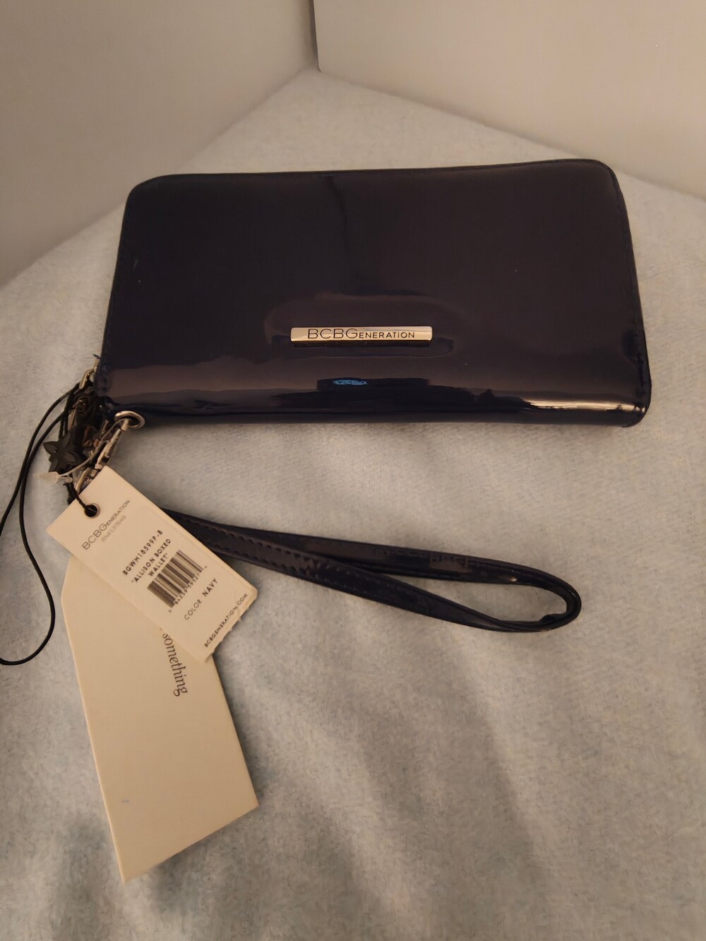BCBG Generation Allison Folded Wallet Navy Patent Leather Wrist Strap
